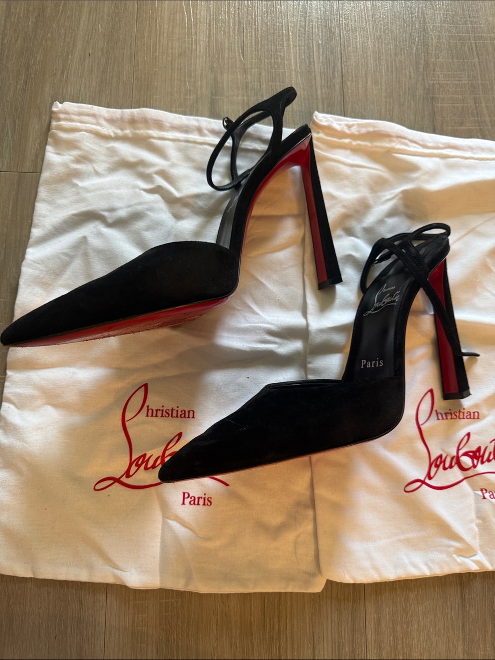 Christian Louboutin Black Suede Pointed-Toe Ankle-Strap Pumps - Picture 4 of 9